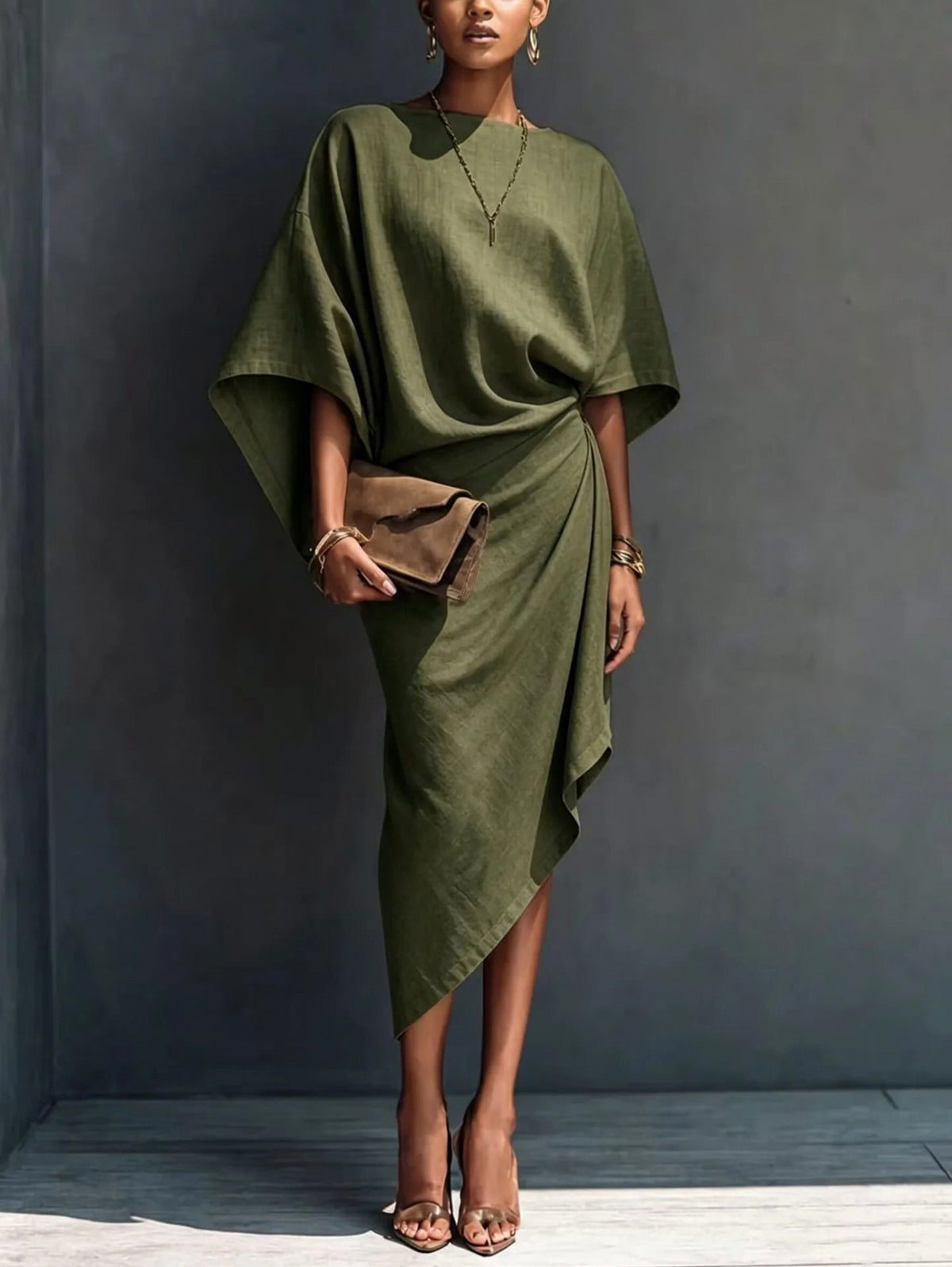 Draped Asymmetric Short Sleeve Midi Dress