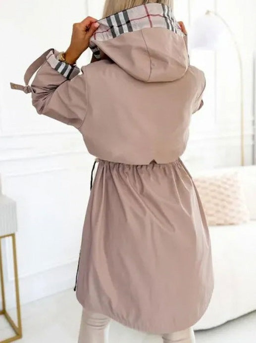 Plaid Trim Hooded Long Sleeve Trench Coat