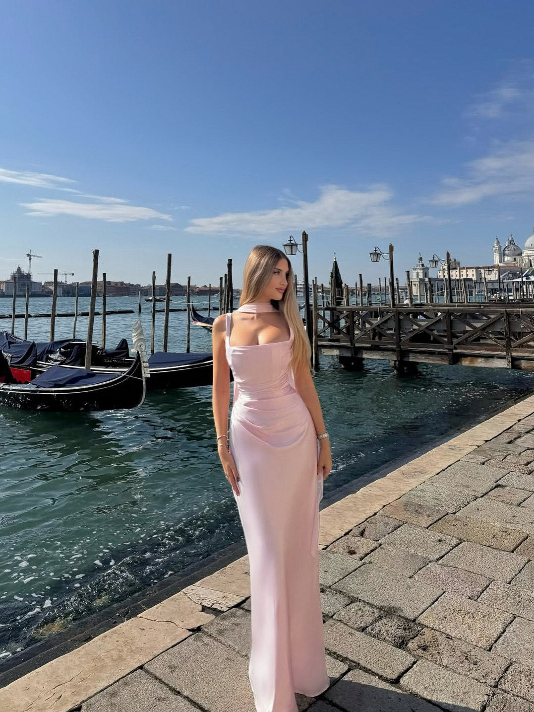 Satin Cowl Neck Ruched Maxi Dress