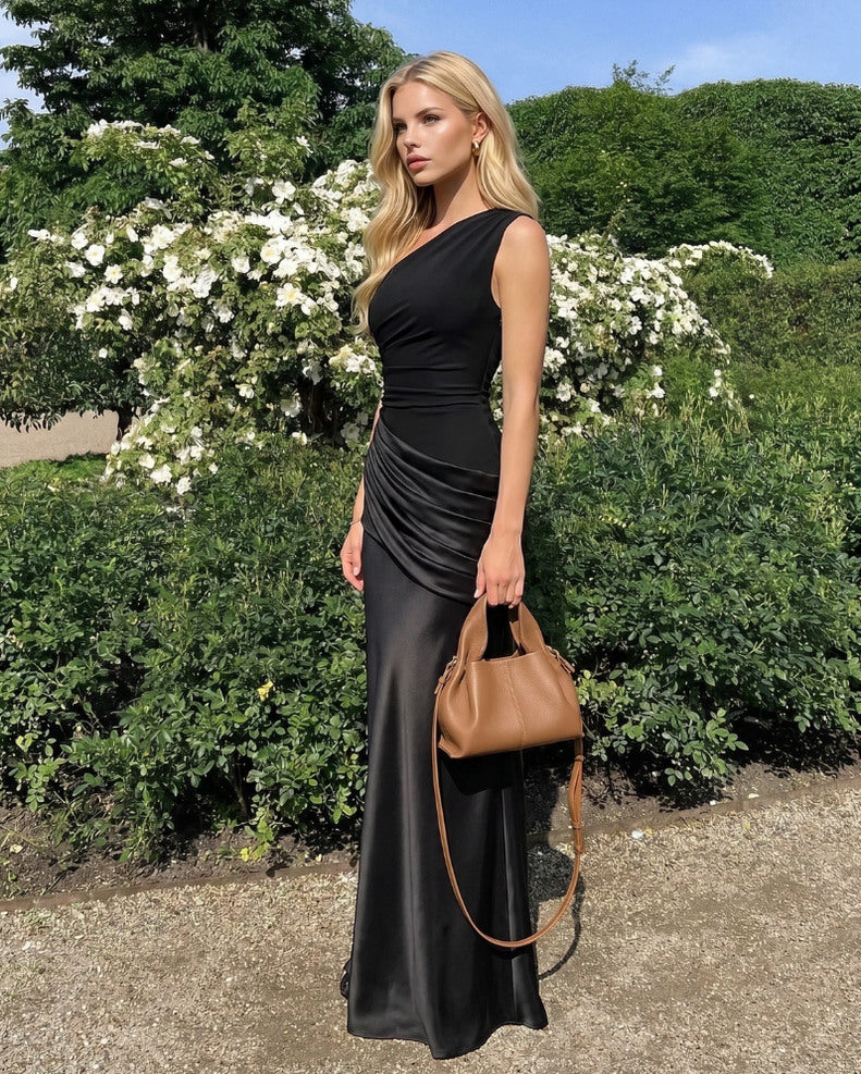 Satin One Shoulder Drop Waist Maxi Dress