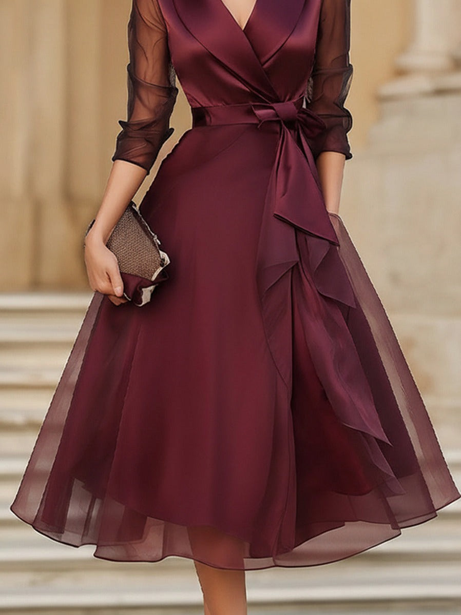 Satin Shawl Collar 3/4 Sleeve Midi Dress