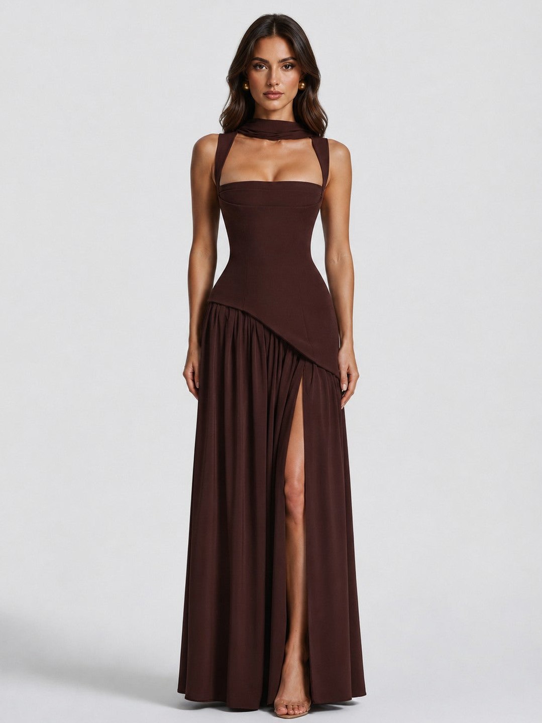 Asymmetric Corset Scarf Maxi Dress