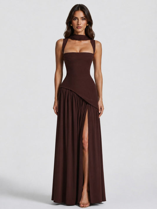 Asymmetric Corset Scarf Maxi Dress