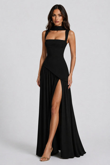 Asymmetric Corset Scarf Maxi Dress