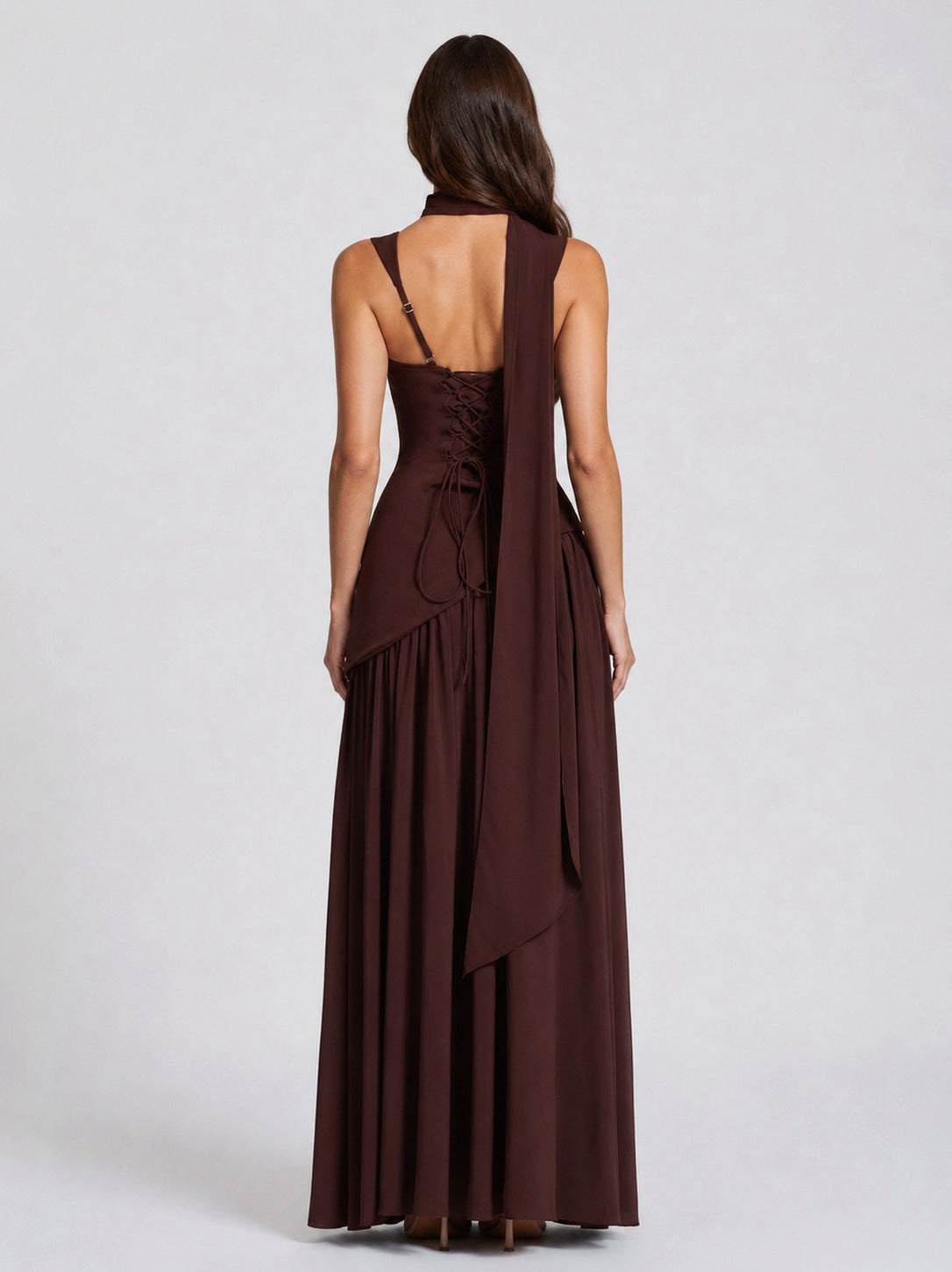 Asymmetric Corset Scarf Maxi Dress