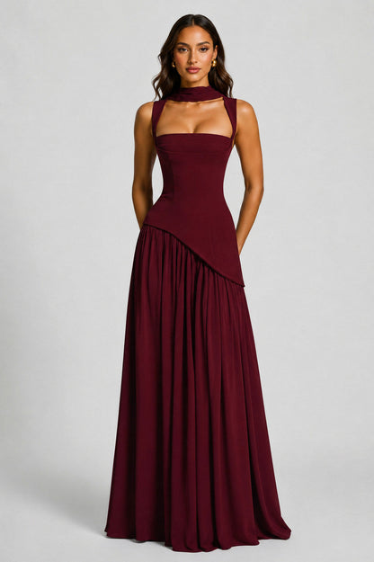 Asymmetric Corset Scarf Maxi Dress