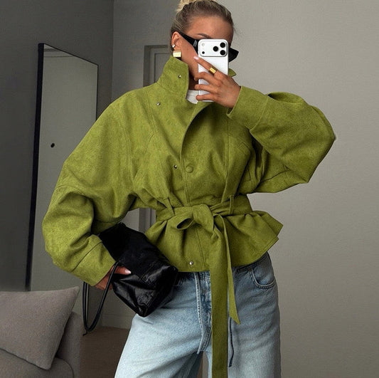 Belted Suede Stand Collar Jacket