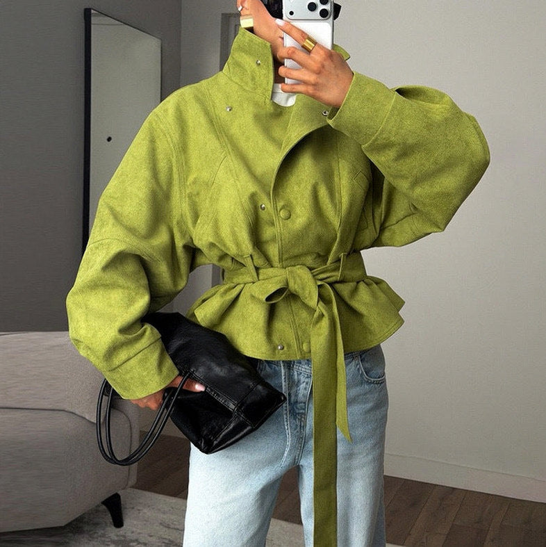 Belted Suede Stand Collar Jacket