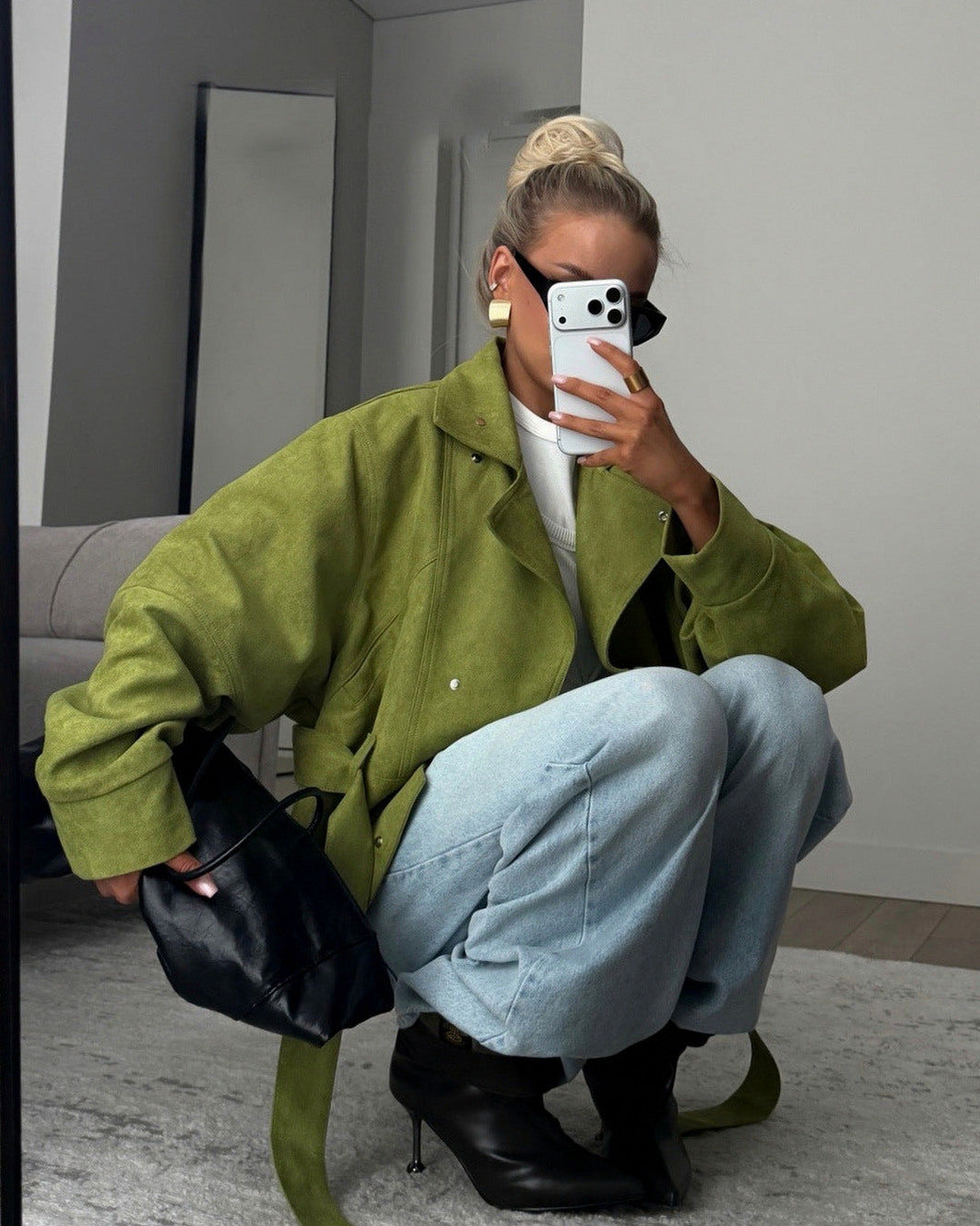Belted Suede Stand Collar Jacket