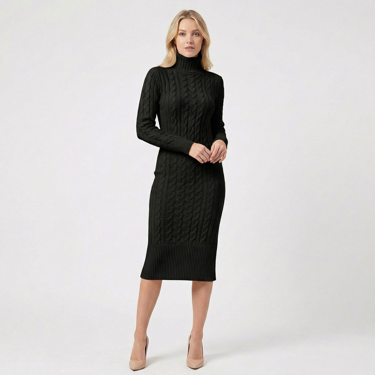 Cable Knit Long Sleeve Midi Sweater Dress