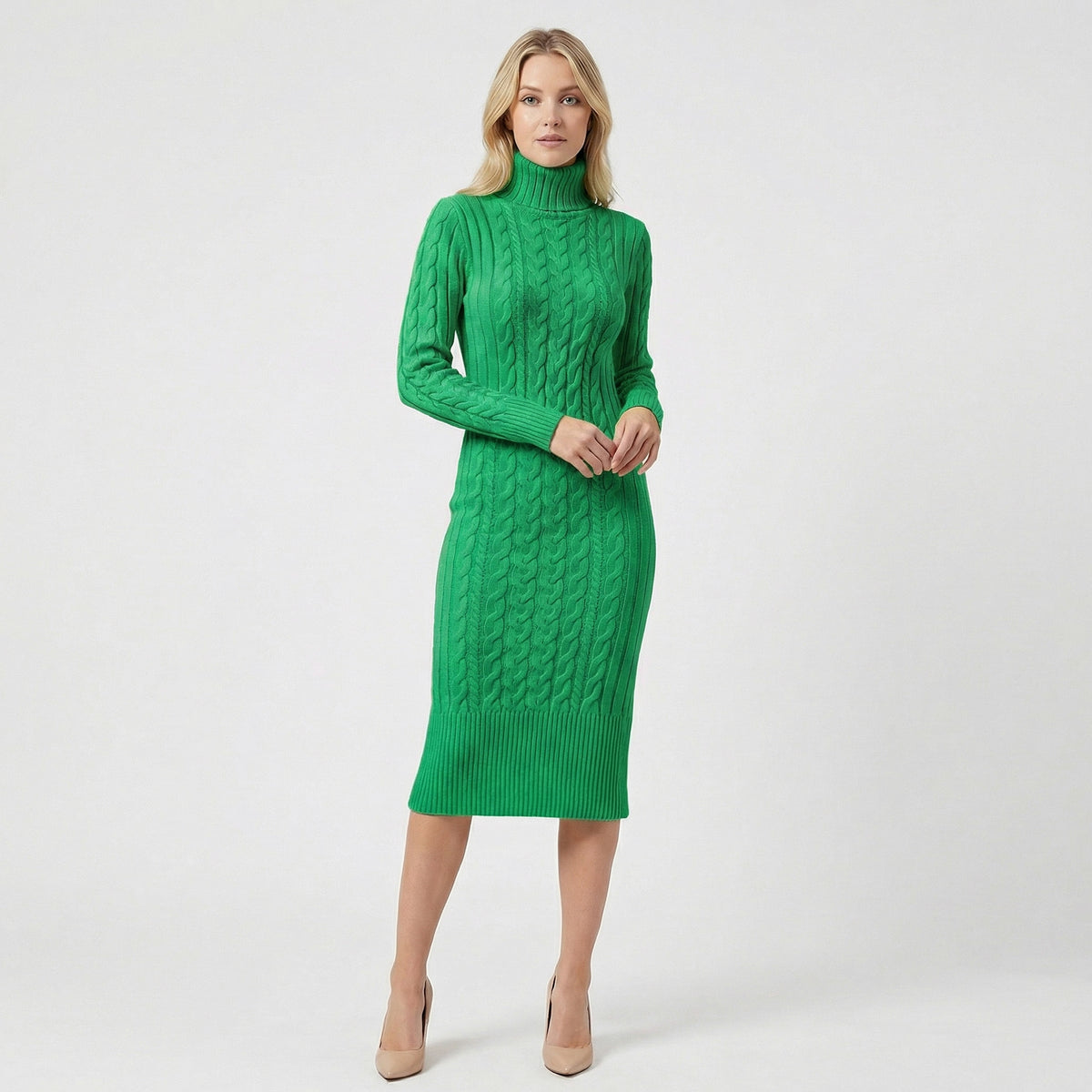 Cable Knit Long Sleeve Midi Sweater Dress