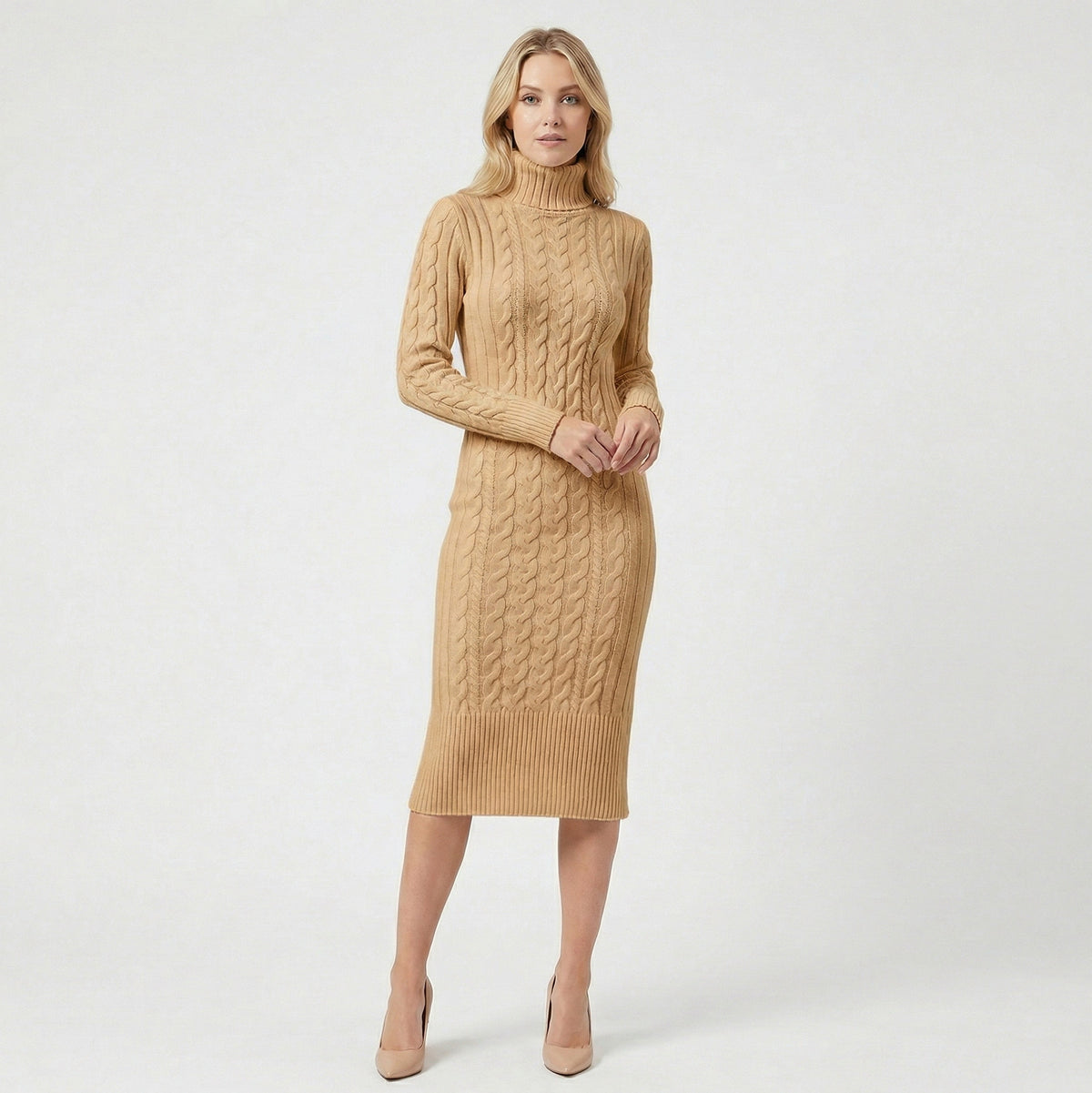 Cable Knit Long Sleeve Midi Sweater Dress