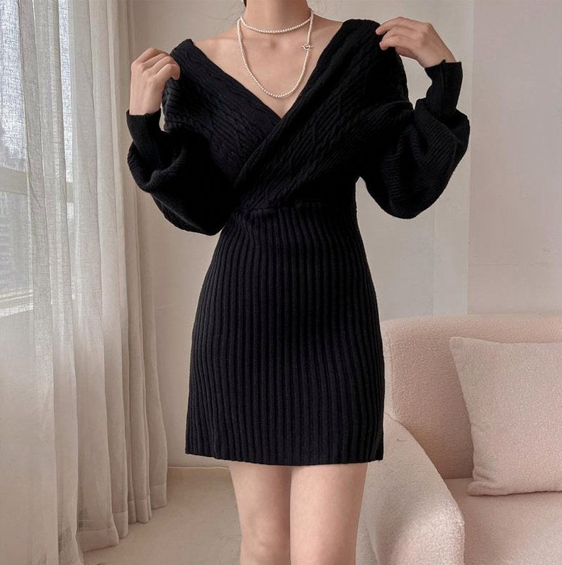 Cable Knit Long Sleeve Wrap Mini Sweater Dress