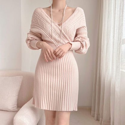 Cable Knit Long Sleeve Wrap Mini Sweater Dress