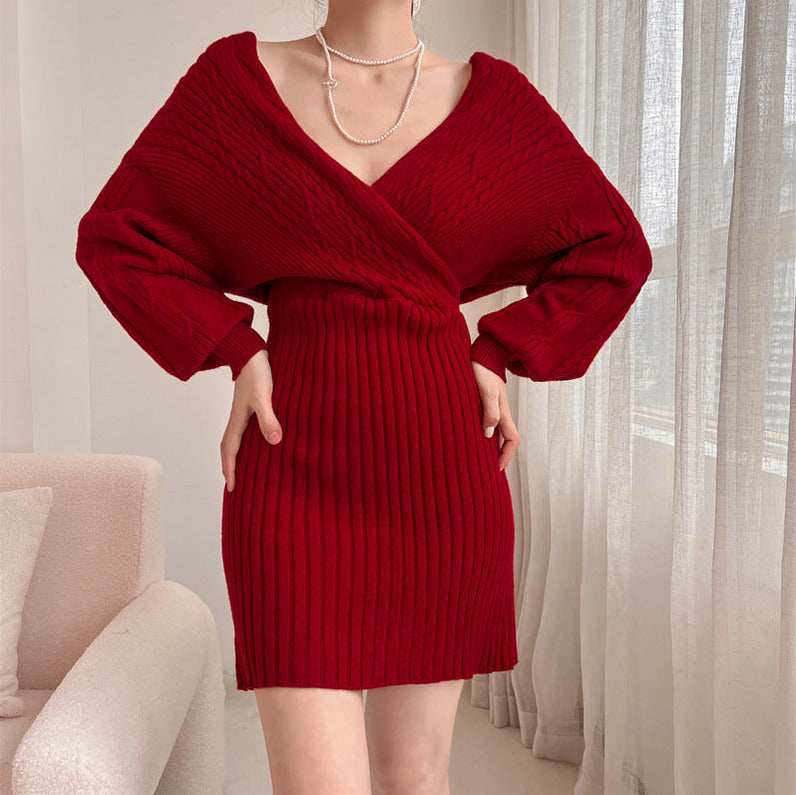Cable Knit Long Sleeve Wrap Mini Sweater Dress