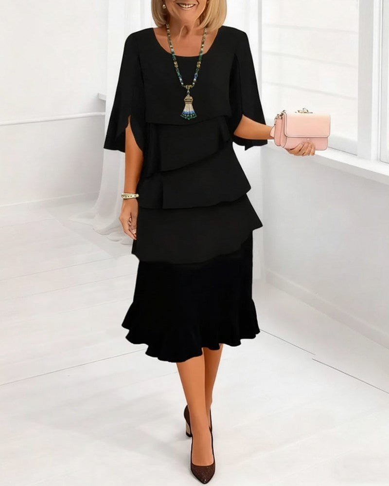 Chiffon Cape Sleeve Midi Dress