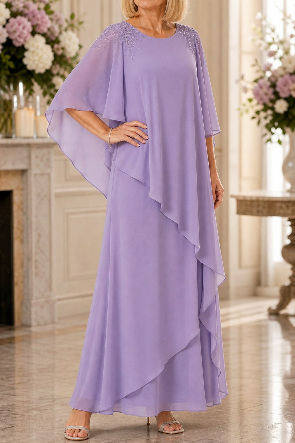 Chiffon Cape Sleeve Tiered Maxi Dress