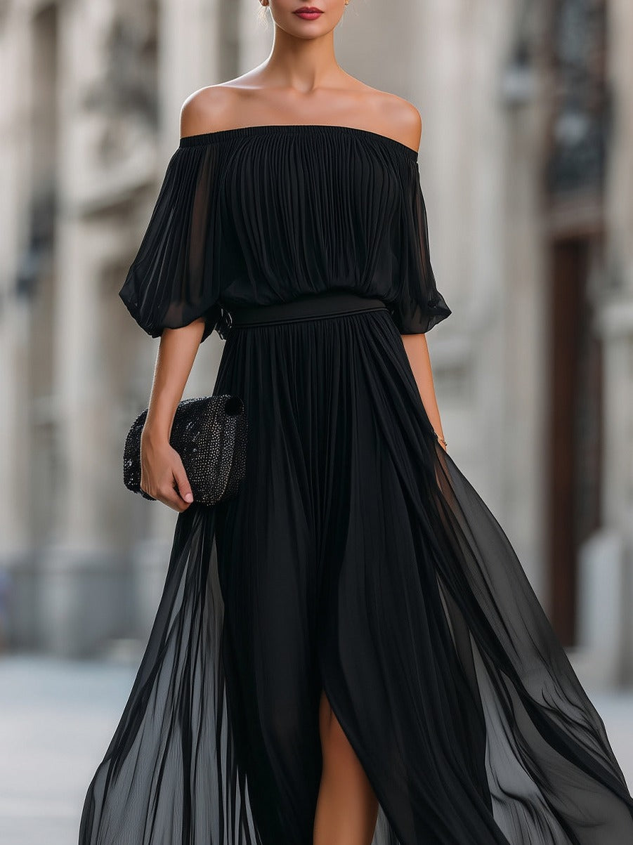 Chiffon Off Shoulder Pleated Maxi Dress