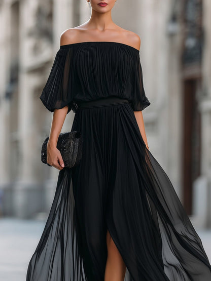 Chiffon Off Shoulder Pleated Maxi Dress