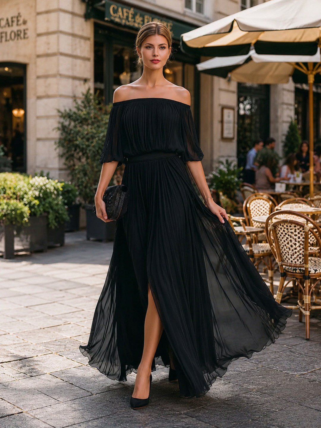 Chiffon Off Shoulder Pleated Maxi Dress