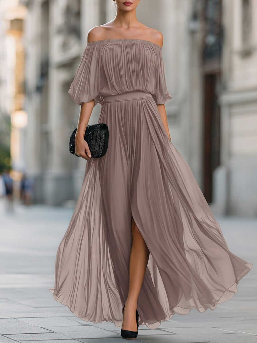 Chiffon Off Shoulder Pleated Maxi Dress