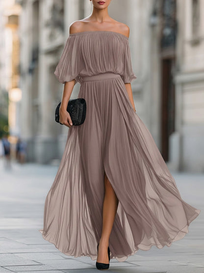 Chiffon Off Shoulder Pleated Maxi Dress