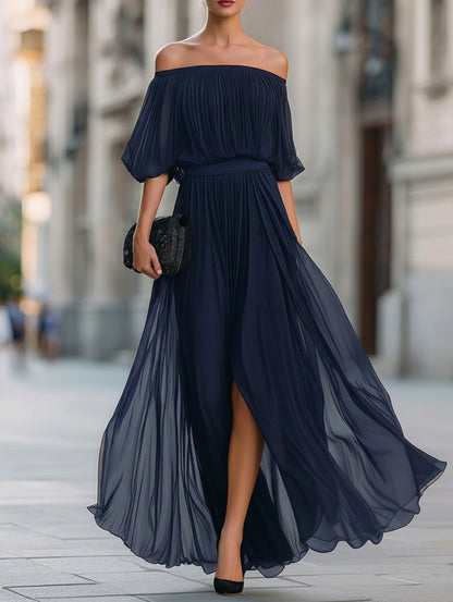 Chiffon Off Shoulder Pleated Maxi Dress
