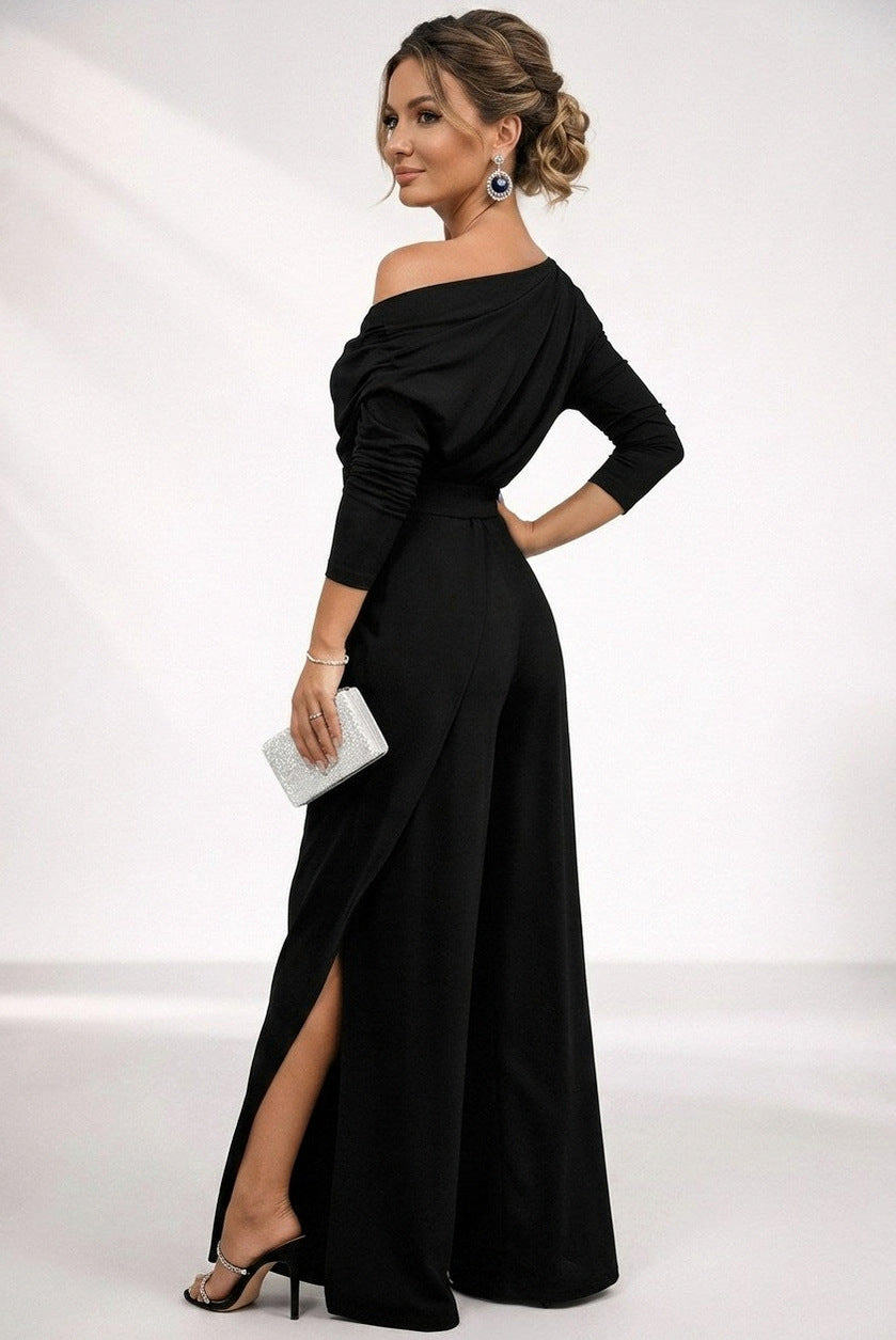 Crepe One Shoulder Ruched Wide Leg Jumpsuit