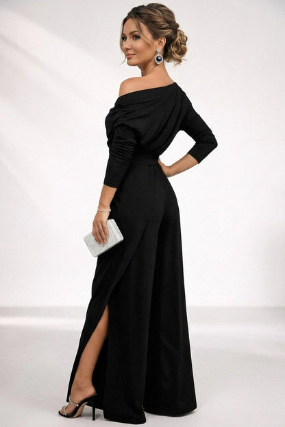 Crepe One Shoulder Ruched Wide Leg Jumpsuit