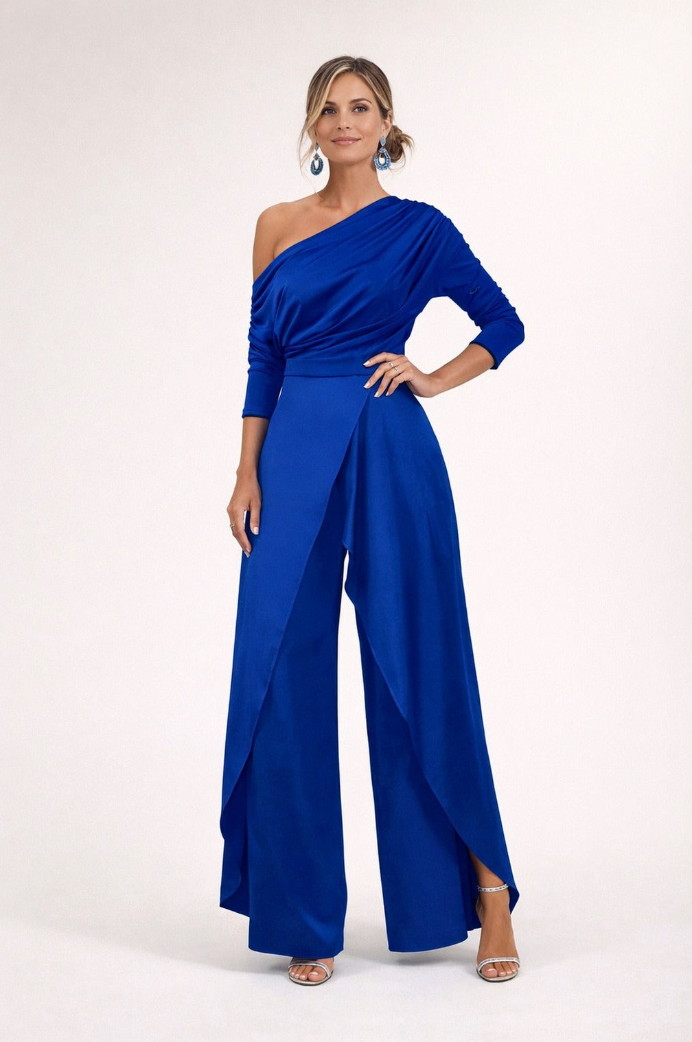 Crepe One Shoulder Ruched Wide Leg Jumpsuit