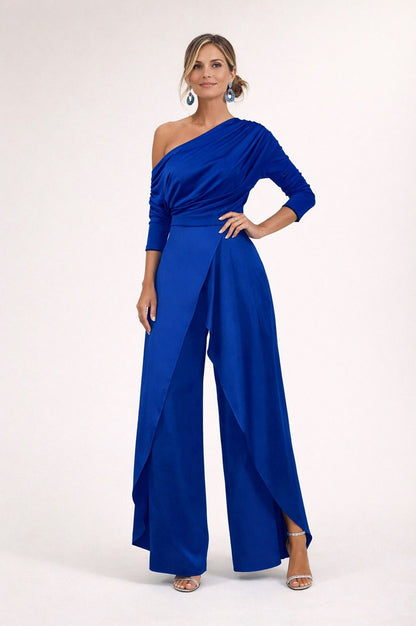 Crepe One Shoulder Ruched Wide Leg Jumpsuit