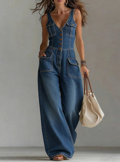 Denim Button Front Wide Leg Jumpsuit