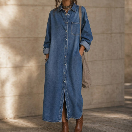 Denim Long Sleeve Button Down Maxi Shirt Dress