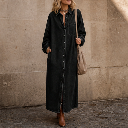 Denim Long Sleeve Button Down Maxi Shirt Dress