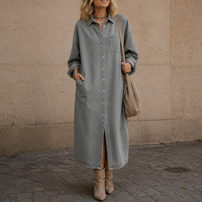 Denim Long Sleeve Button Down Maxi Shirt Dress