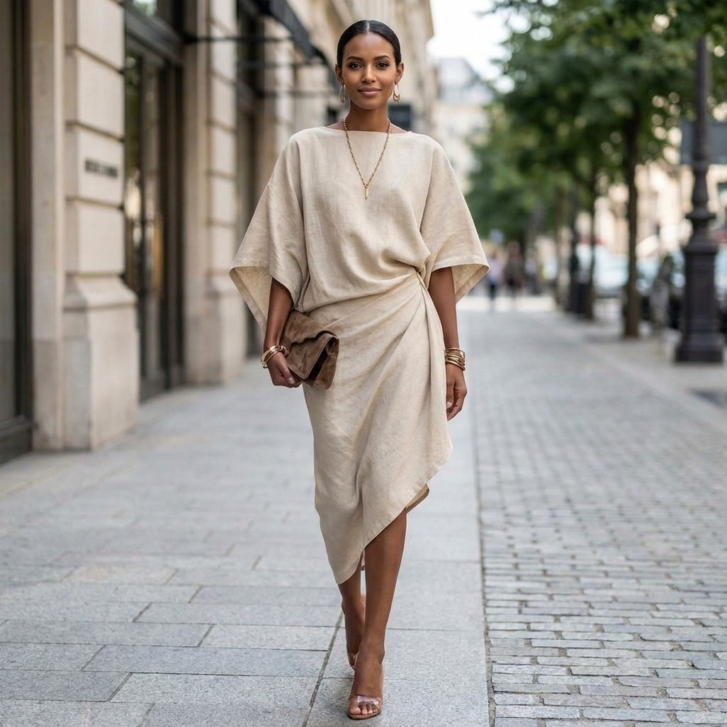 Draped Asymmetric Short Sleeve Midi Dress