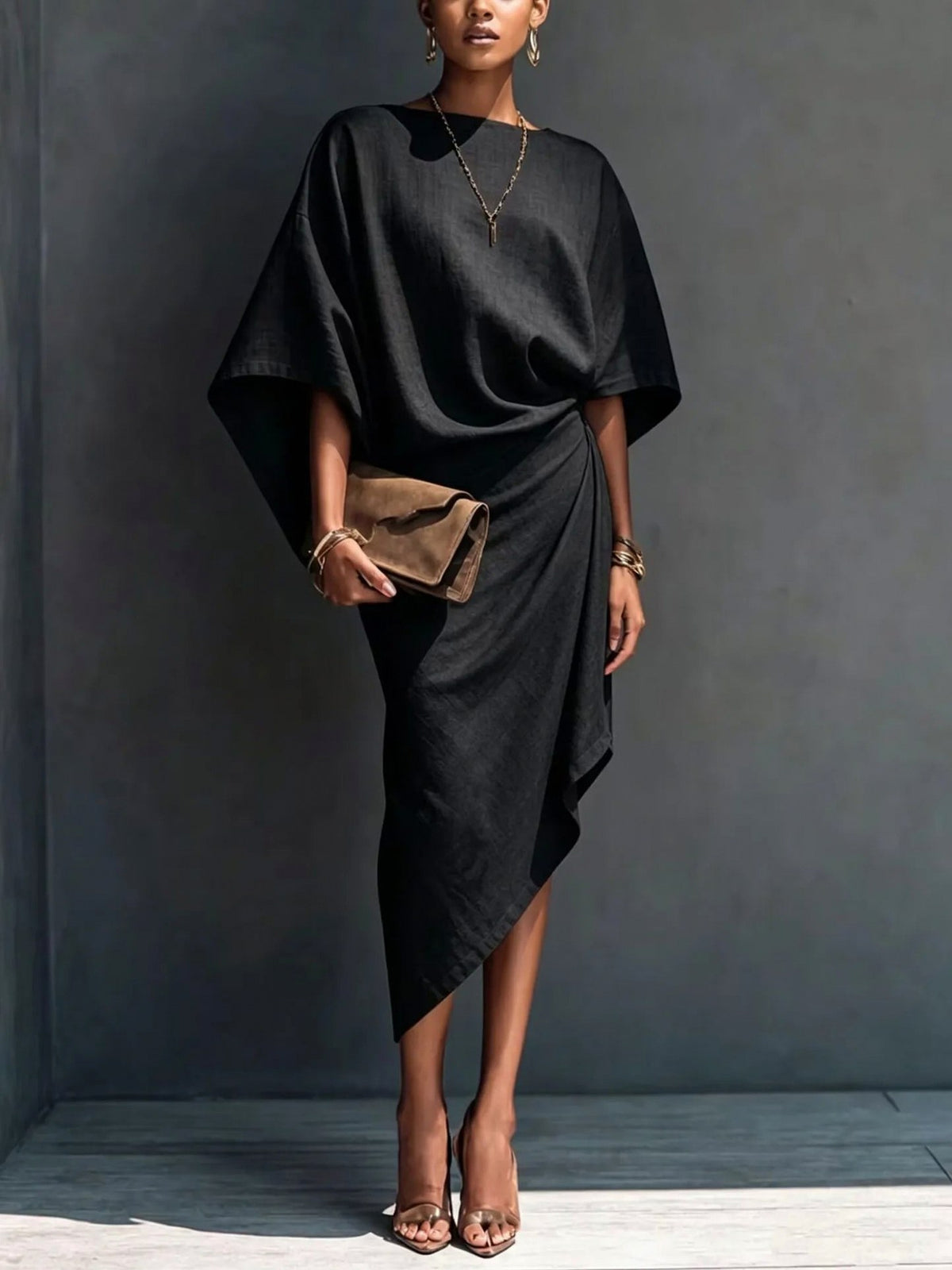 Draped Asymmetric Short Sleeve Midi Dress