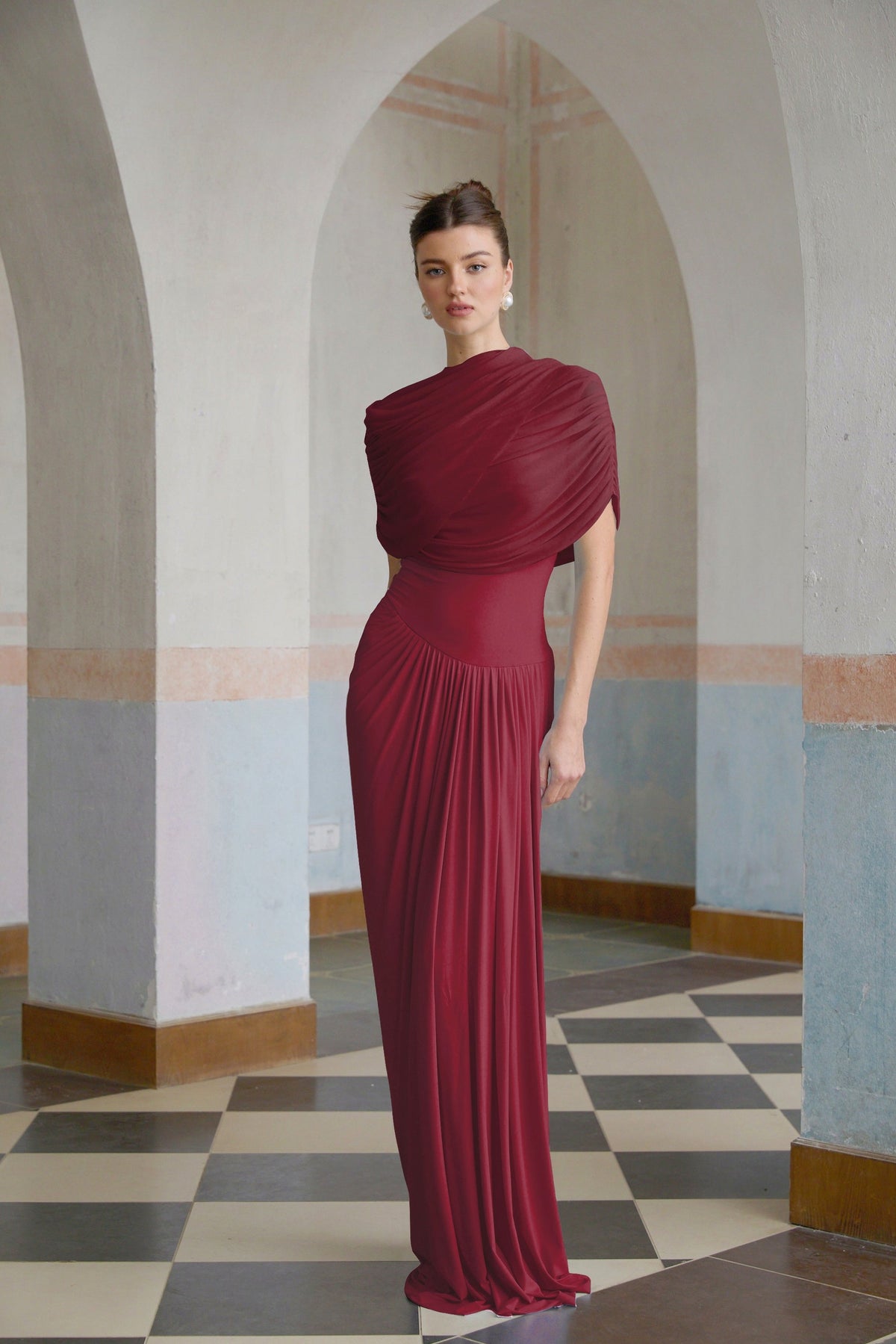 Draped Cap Sleeve Maxi Dress