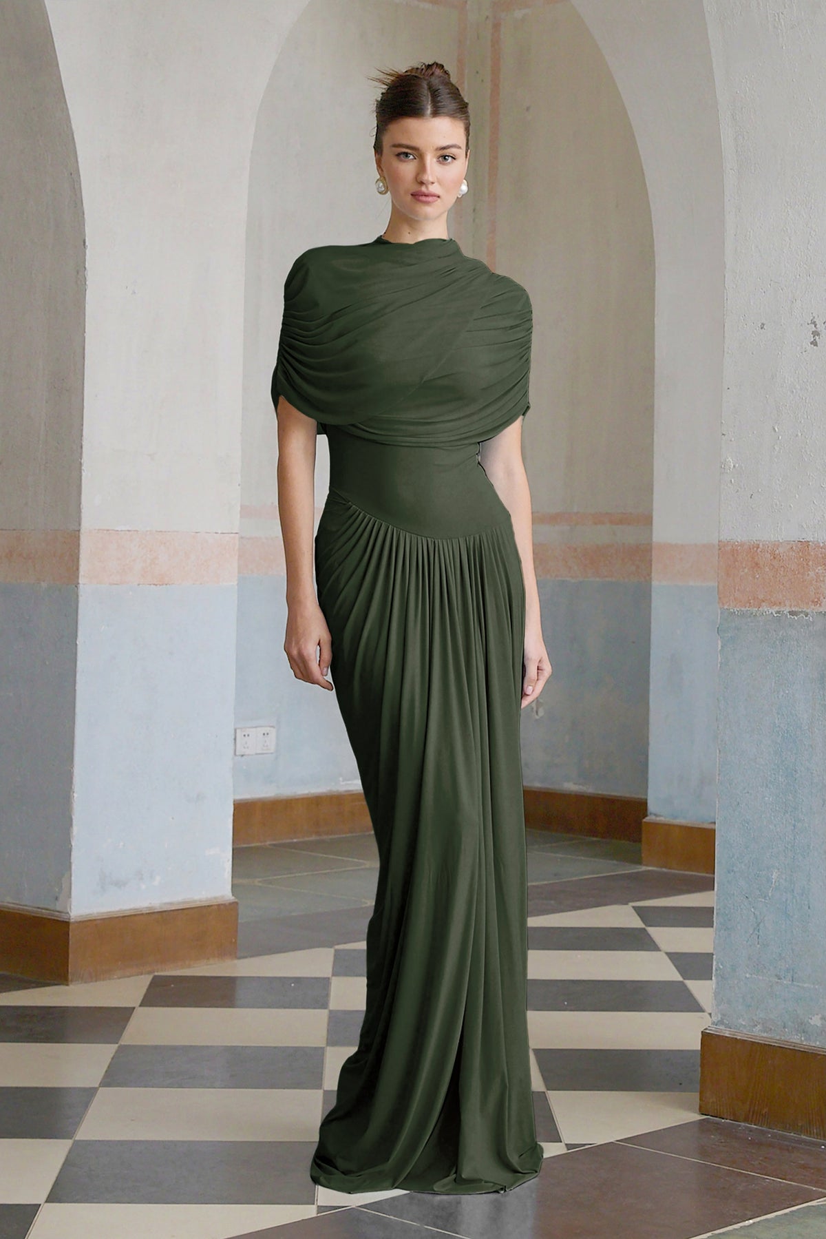 Draped Cap Sleeve Maxi Dress