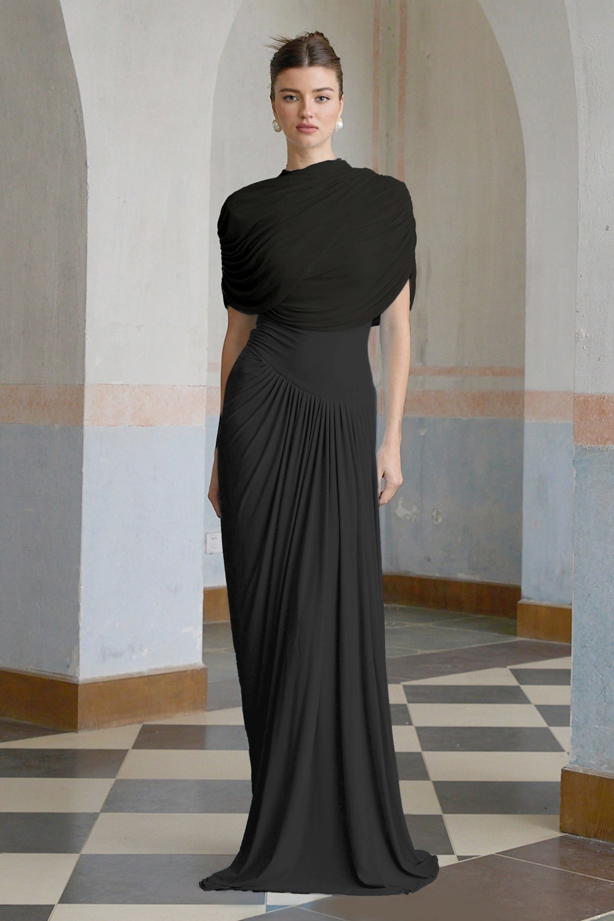 Draped Cap Sleeve Maxi Dress
