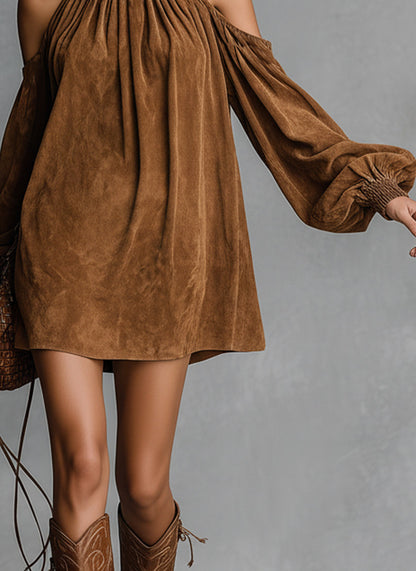 Draped Suede Cold-Shoulder Mini Dress