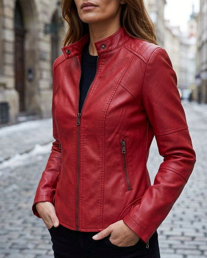 Faux Leather Stand Collar Fitted Jacket