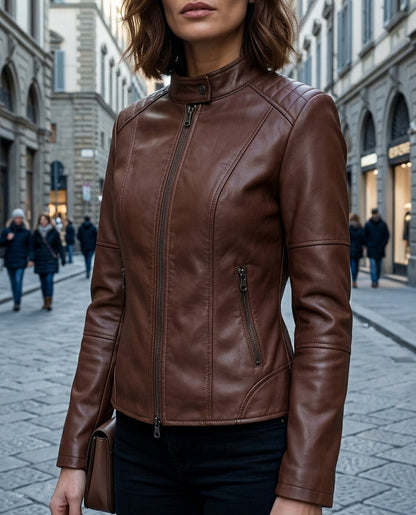 Faux Leather Stand Collar Fitted Jacket