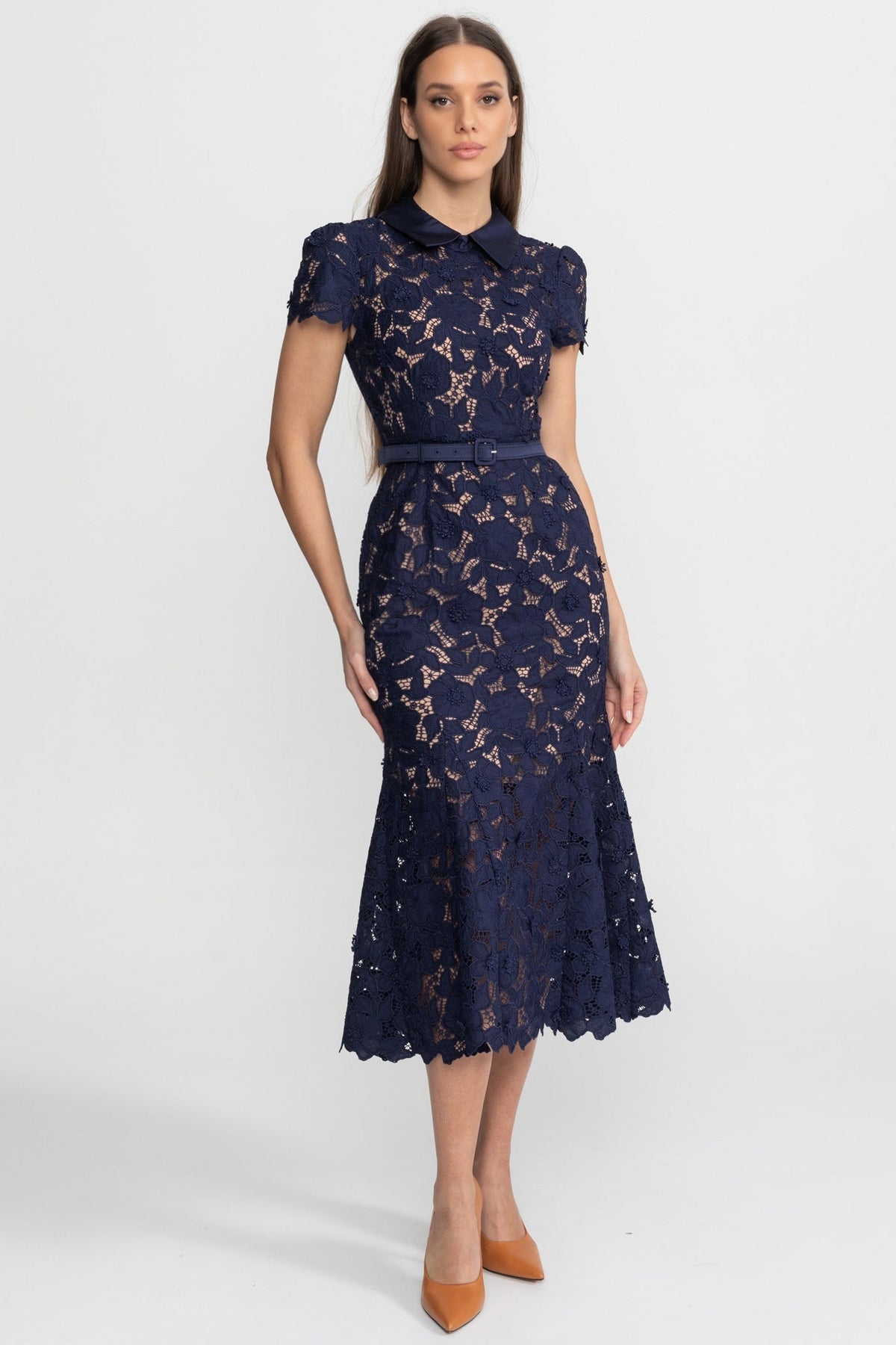 Lace Collared Short Sleeve Midi Dress