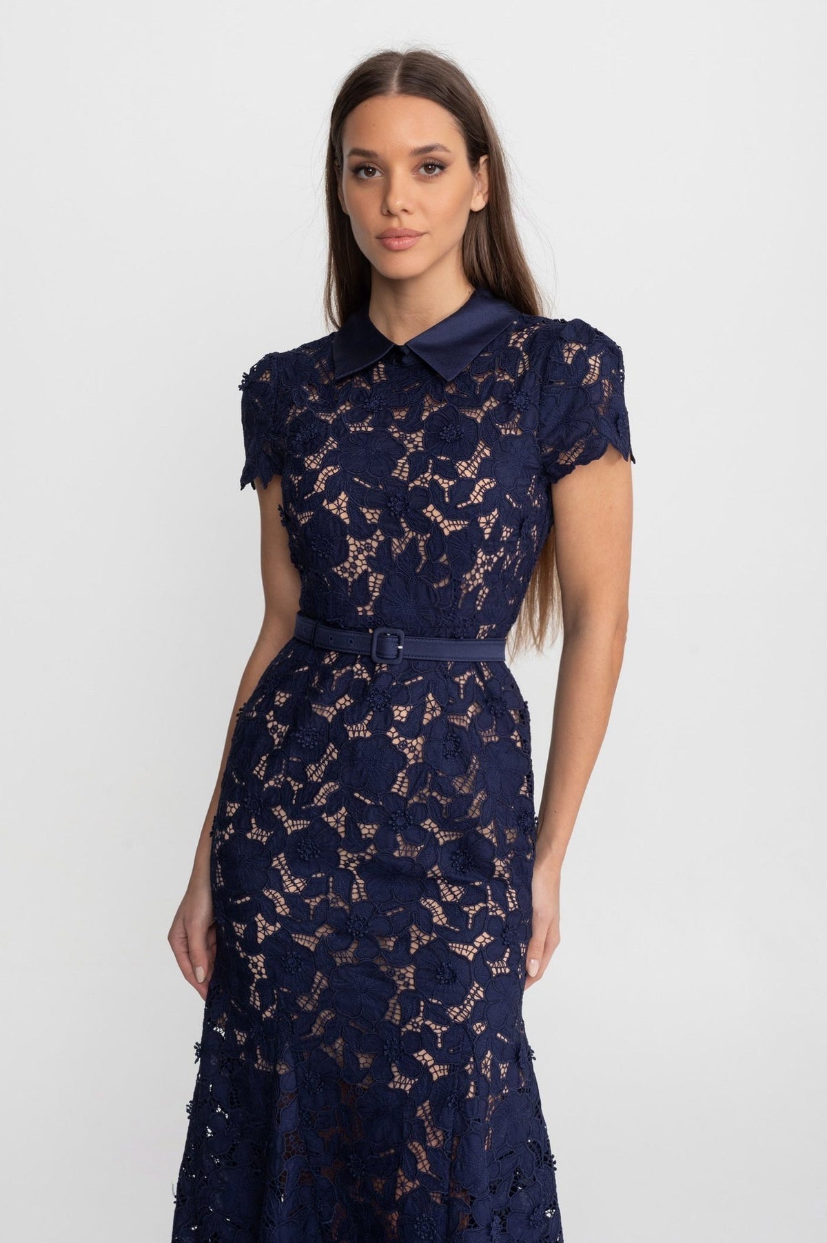 Lace Collared Short Sleeve Midi Dress