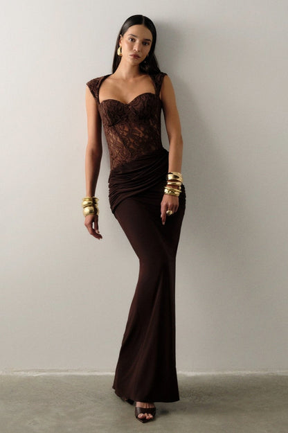 Lace Corset Cap Sleeve Maxi Dress