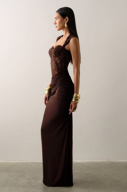Lace Corset Cap Sleeve Maxi Dress