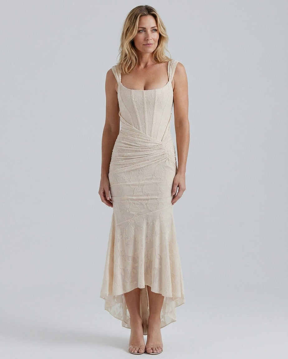 Lace Corset Ruched Midi Dress
