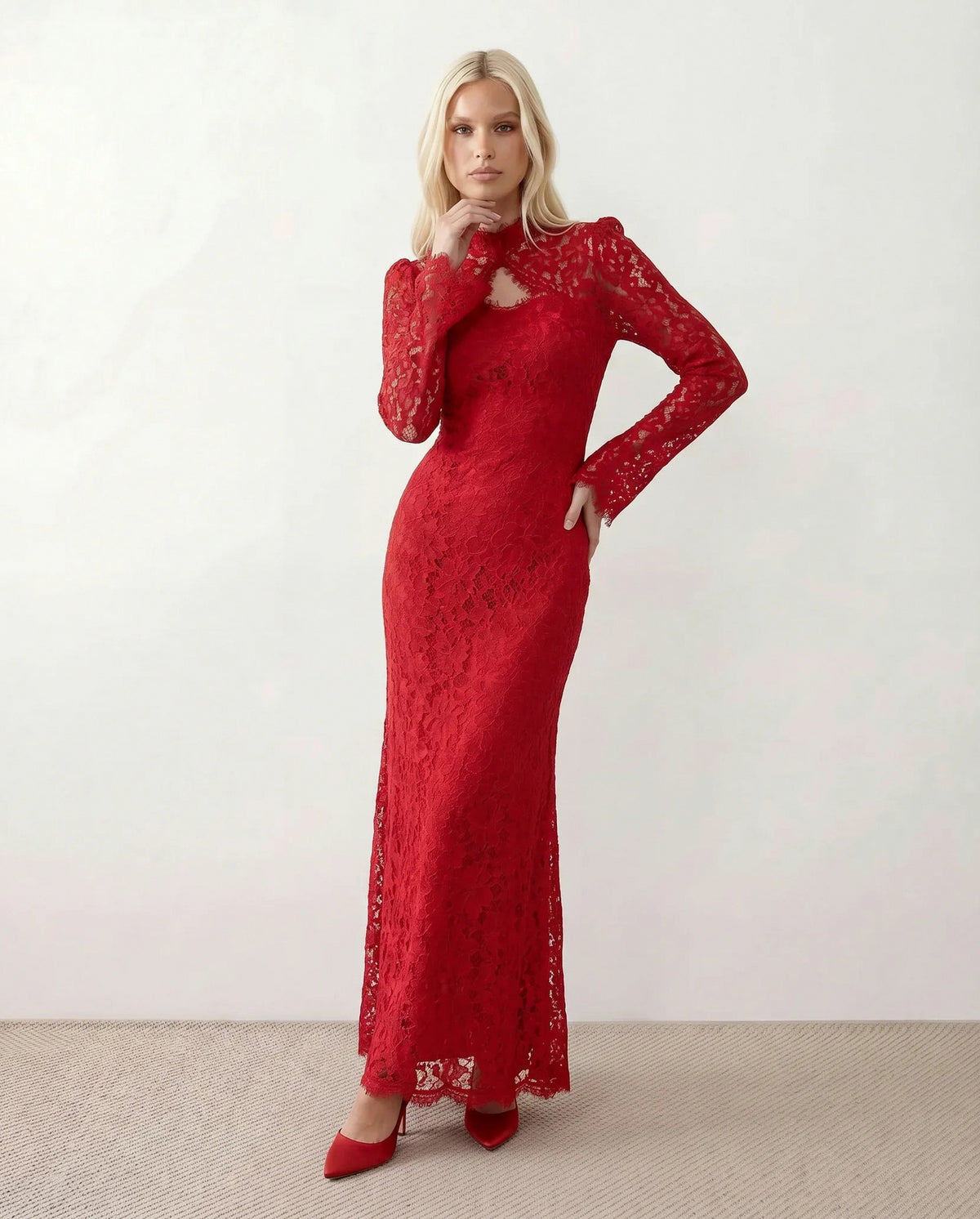 Lace Long Sleeve High Neck Corset Maxi Dress