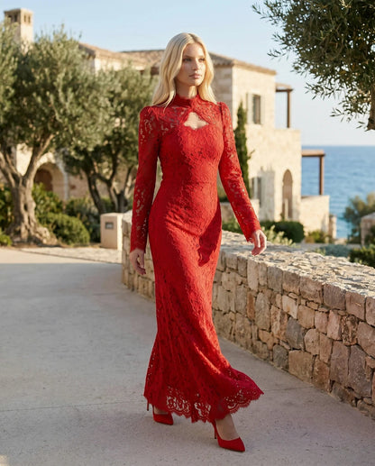 Lace Long Sleeve High Neck Corset Maxi Dress